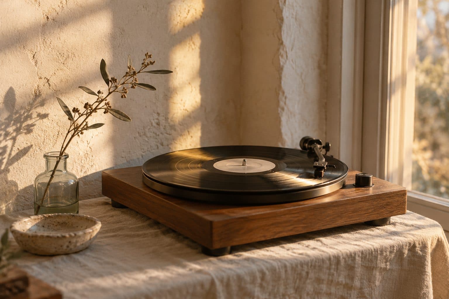 Disco de vinilo girando en un tocadiscos junto a una ventana, para las canciones lentas del baile nupcial
