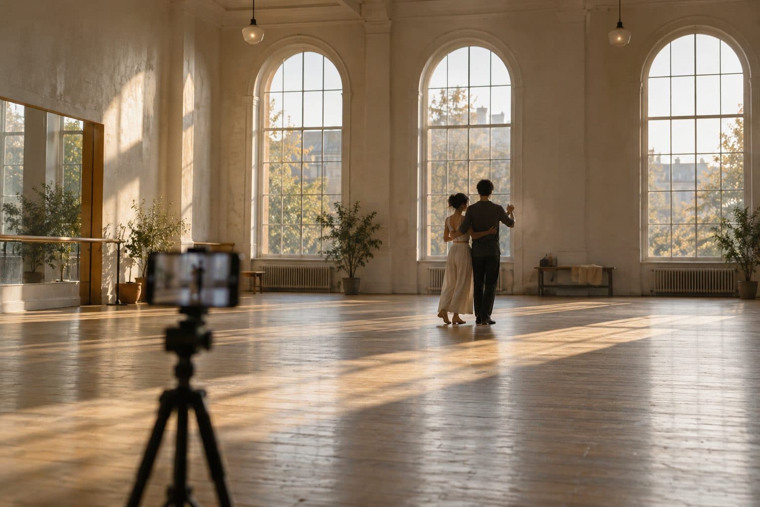 Pareja de espaldas en una sala de ensayo de Madrid durante la sesión presencial de clases de baile para novios