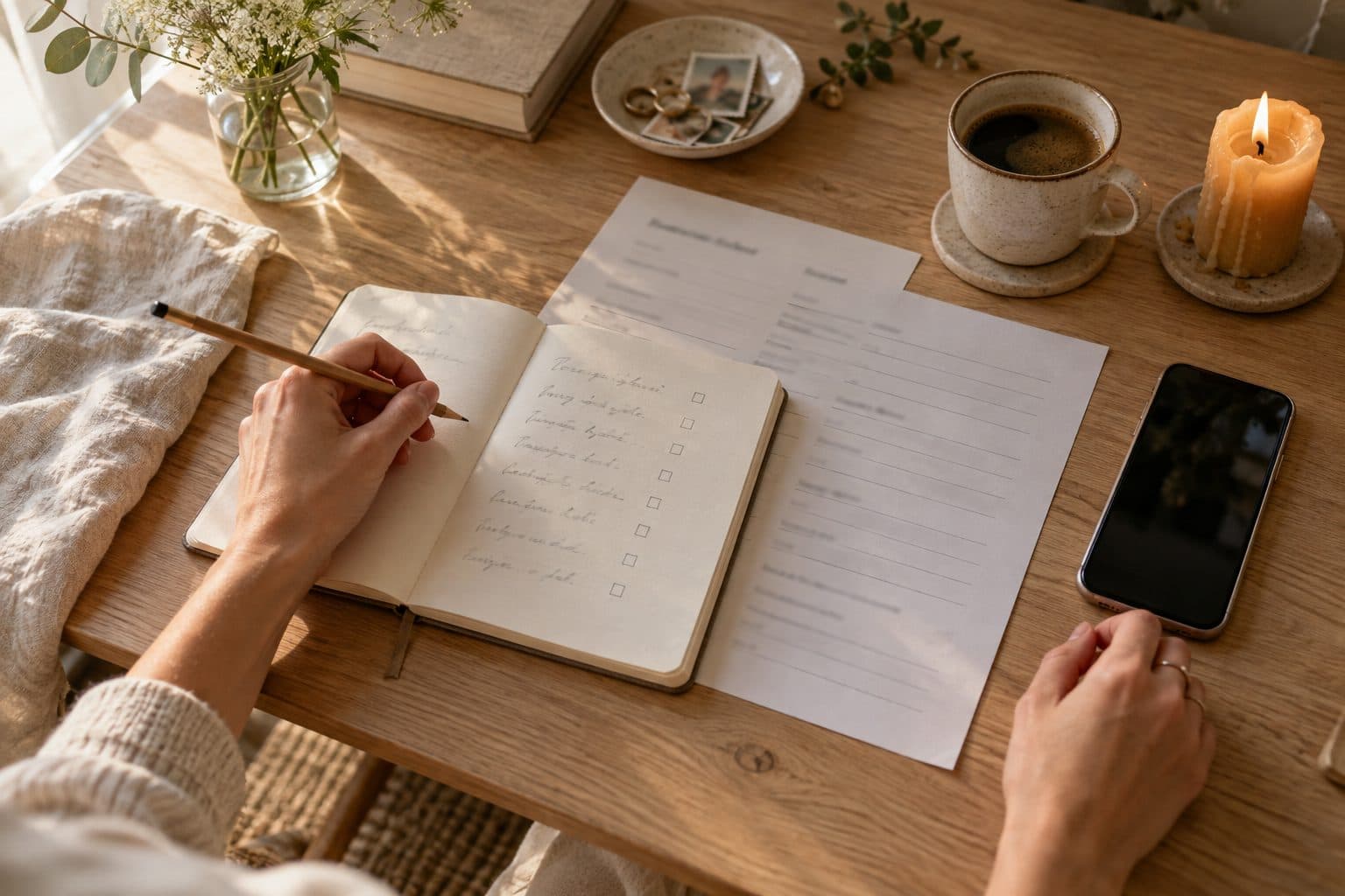 Libreta con una lista de preguntas a lápiz y un cuestionario impreso sobre una mesa, lo que hoy hacemos antes de escribir la web de una boda