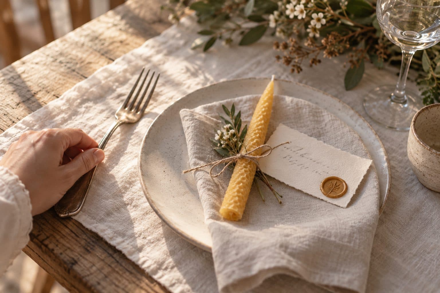 Detalle de boda personalizado sobre el plato: vela de cera de abeja con tarjeta con el nombre del invitado y lacre