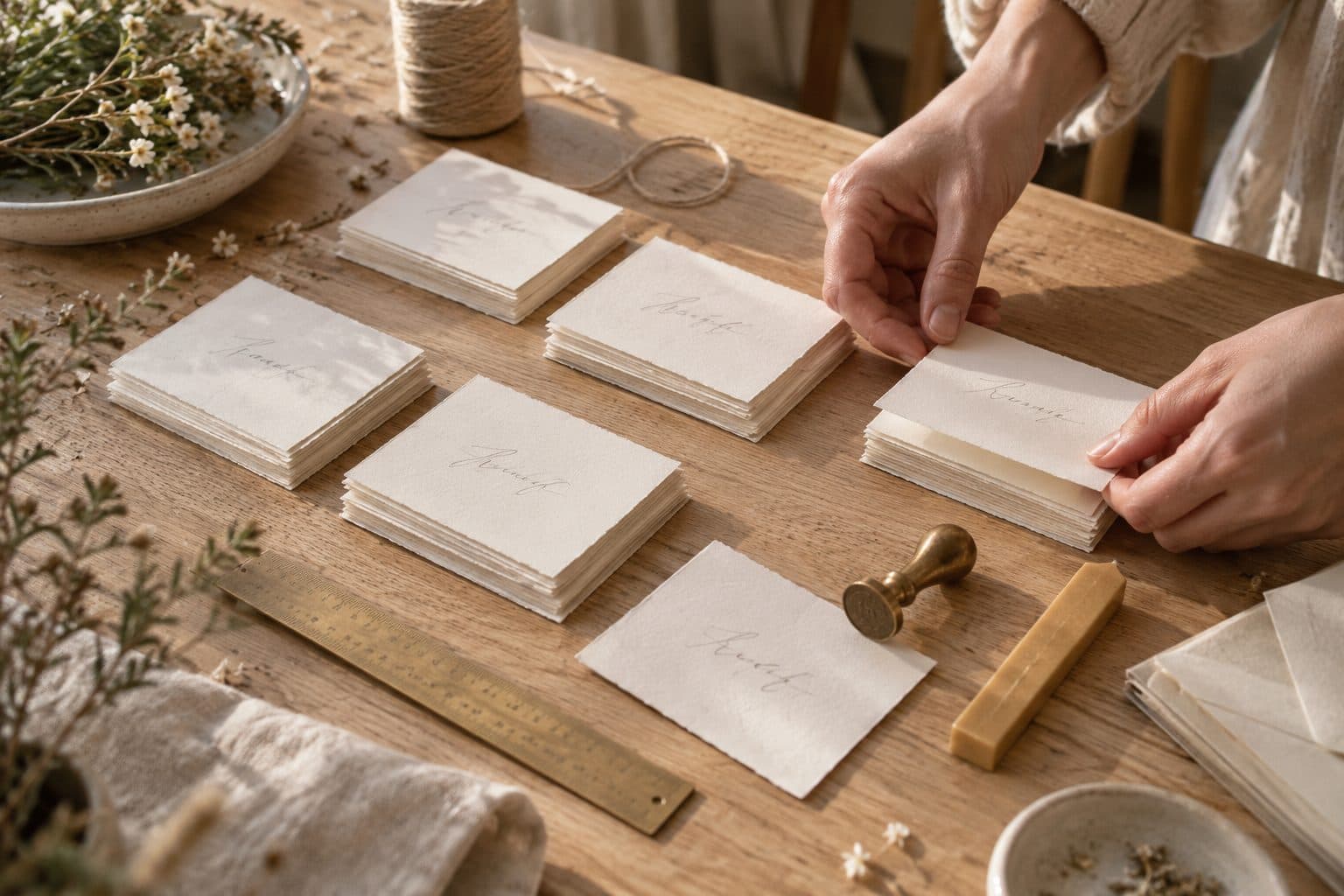 Tarjetas para detalles de boda ordenadas en montones antes de colocarlas en cada sitio, hechas a mano con lacre