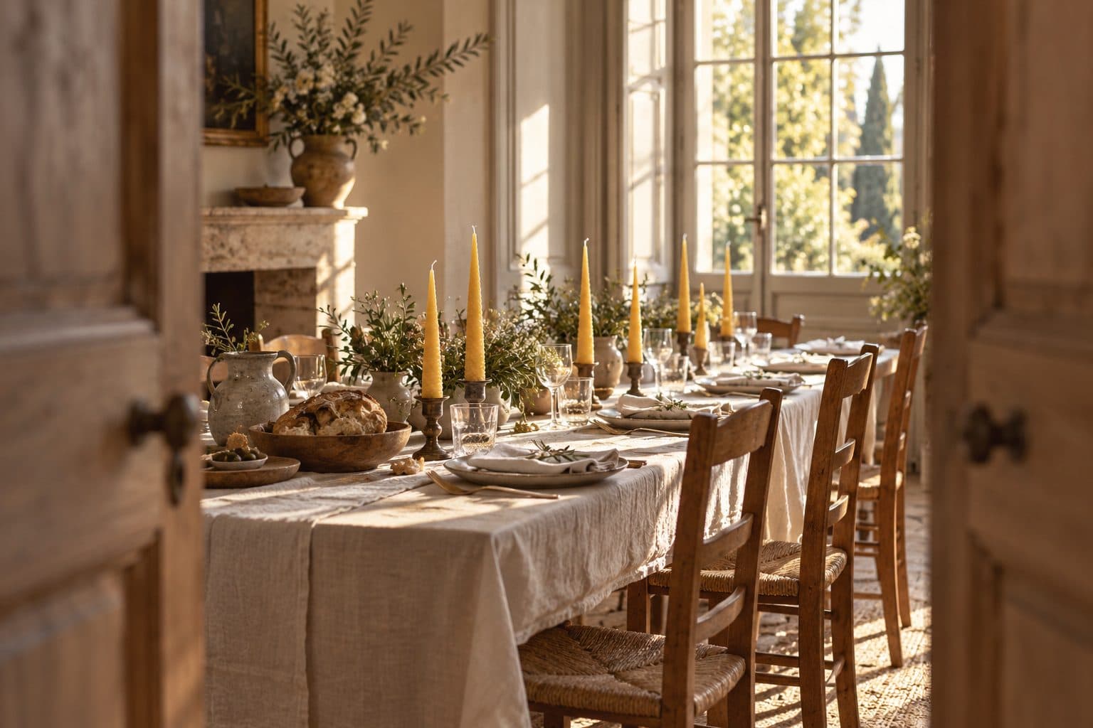 Puertas abiertas de un comedor de finca con una mesa larga preparada: el momento de las canciones de entrada al banquete