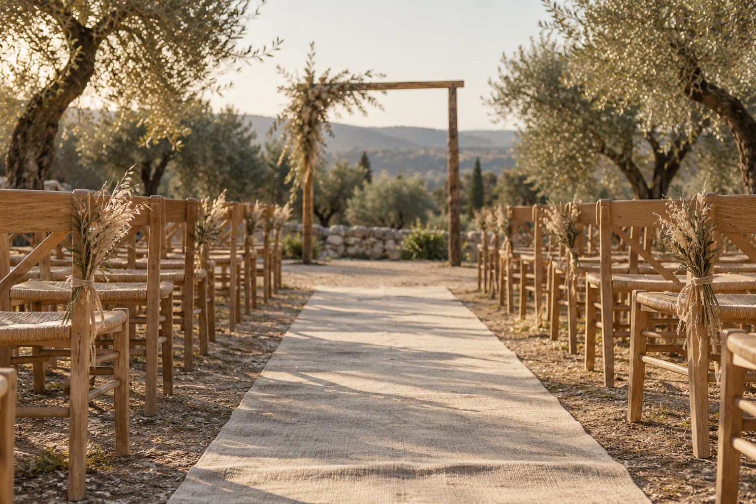 Pasillo vacío entre sillas de madera en una ceremonia de boda al aire libre, con luz de la tarde: música para la entrada