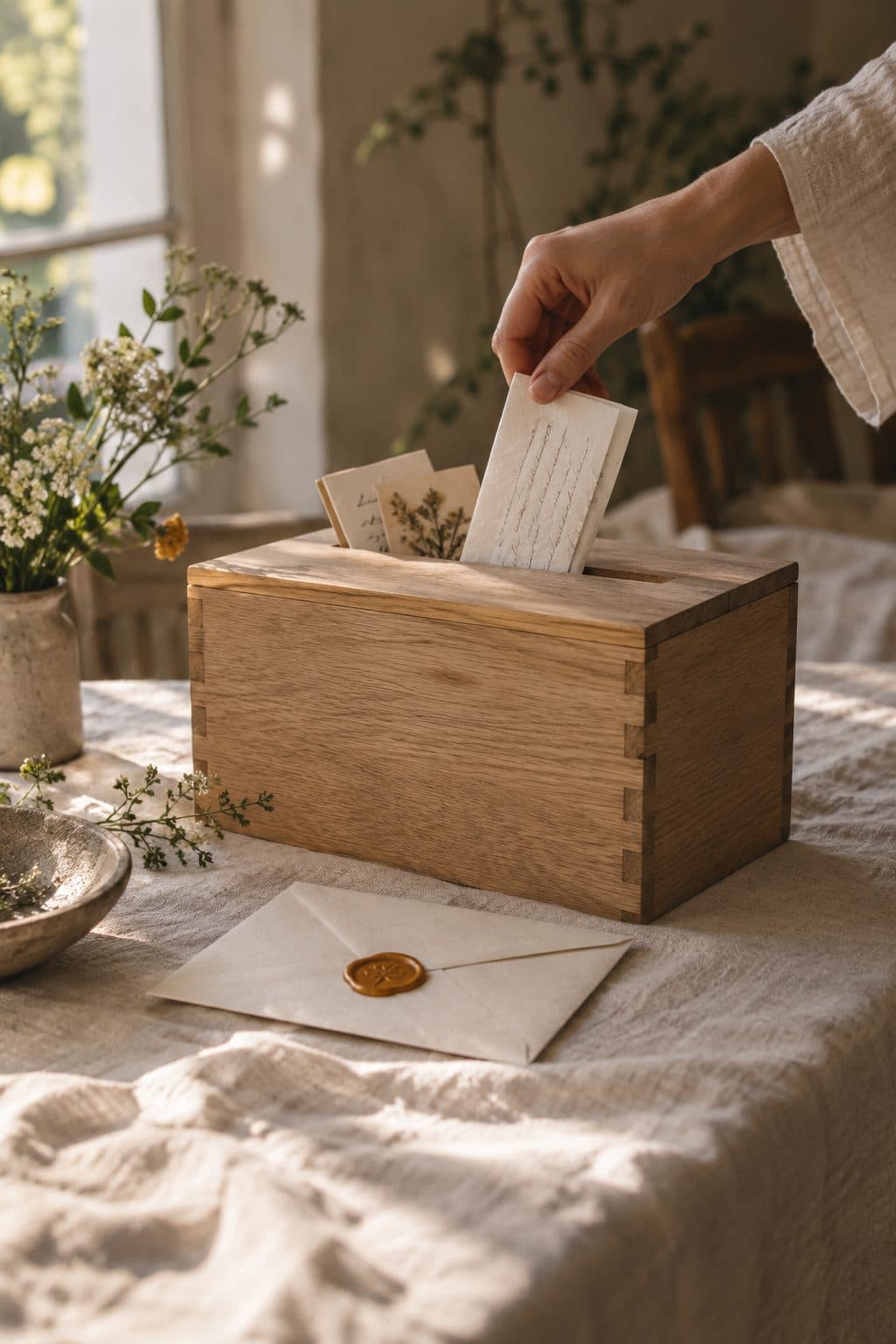 Caja de madera con ranura llena de cartas dobladas y un sobre cerrado, el buzón de cartas para abrir en el primer aniversario