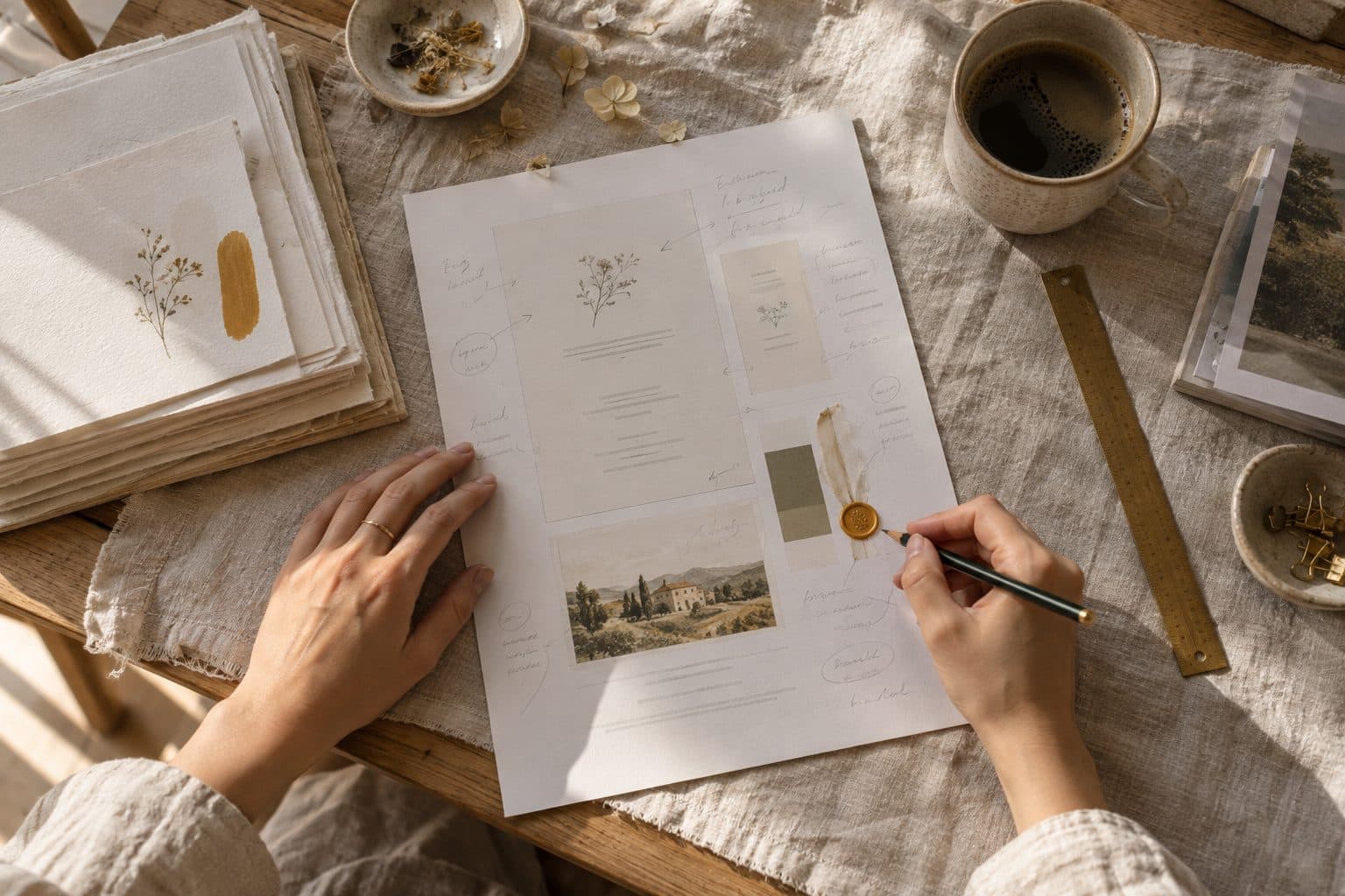 Manos revisando con lápiz la prueba impresa de una invitación de boda antes de enviarla a imprenta