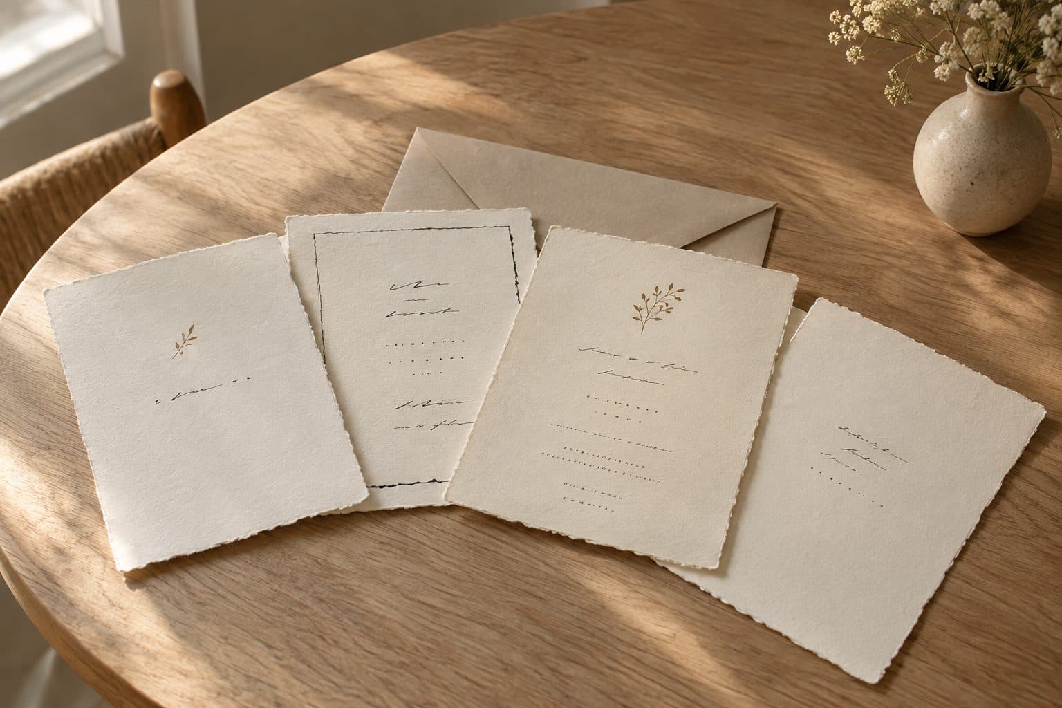 Cuatro invitaciones de boda de estilo moderno, elegante, clásico y sencillo abiertas en abanico sobre una mesa de roble claro