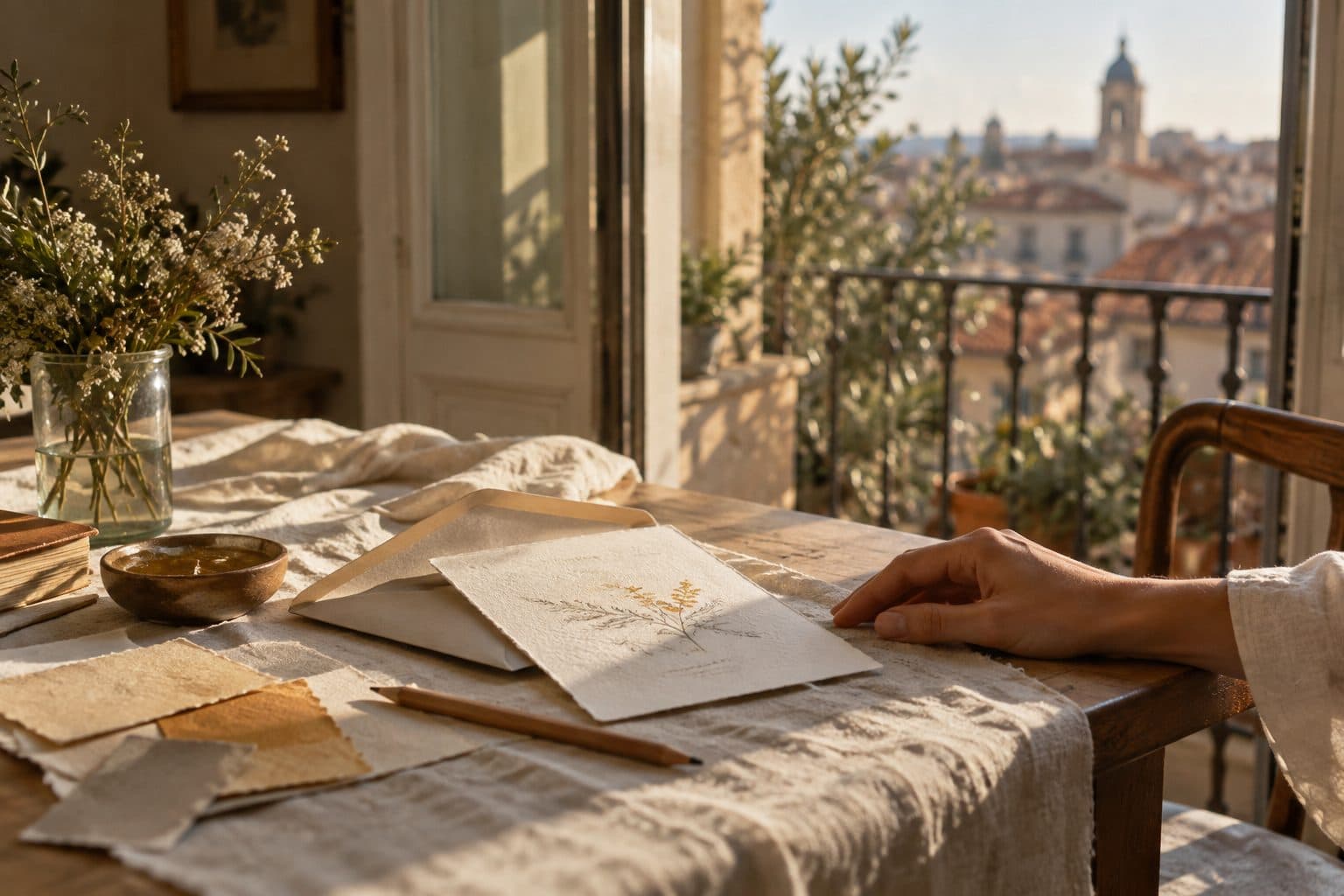 Mesa junto a un balcón con vistas a los tejados de Madrid, con una invitación de boda impresa, un sobre y muestras de papel
