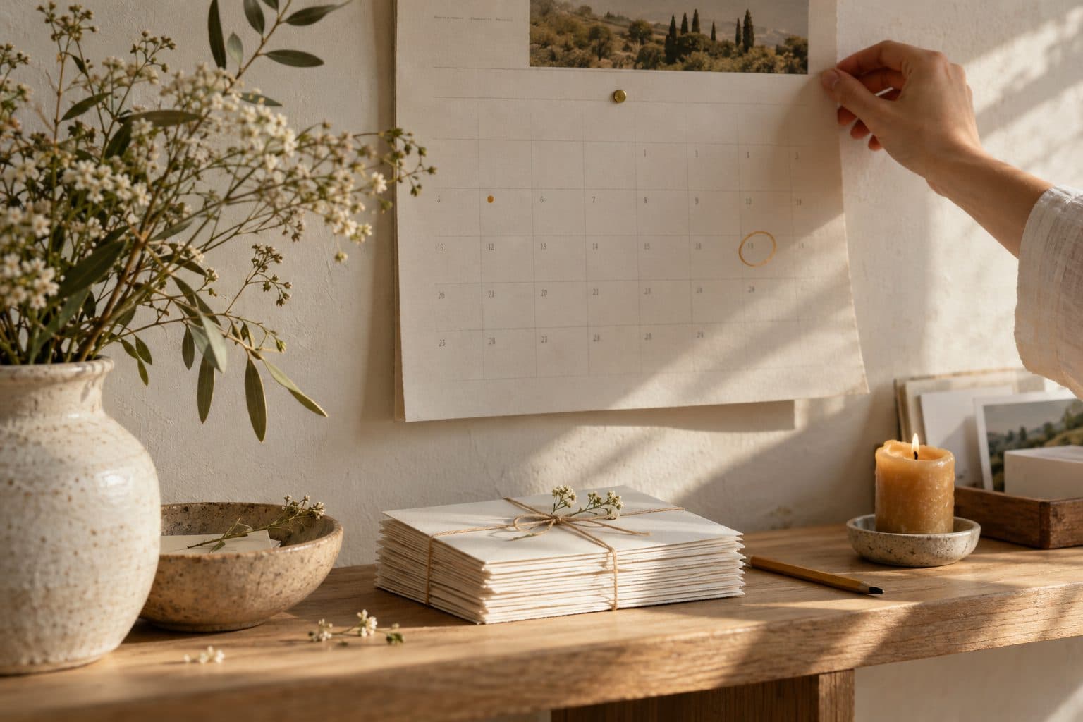 Calendario de pared con la fecha de una boda rodeada a lápiz y una pila de invitaciones listas para enviar