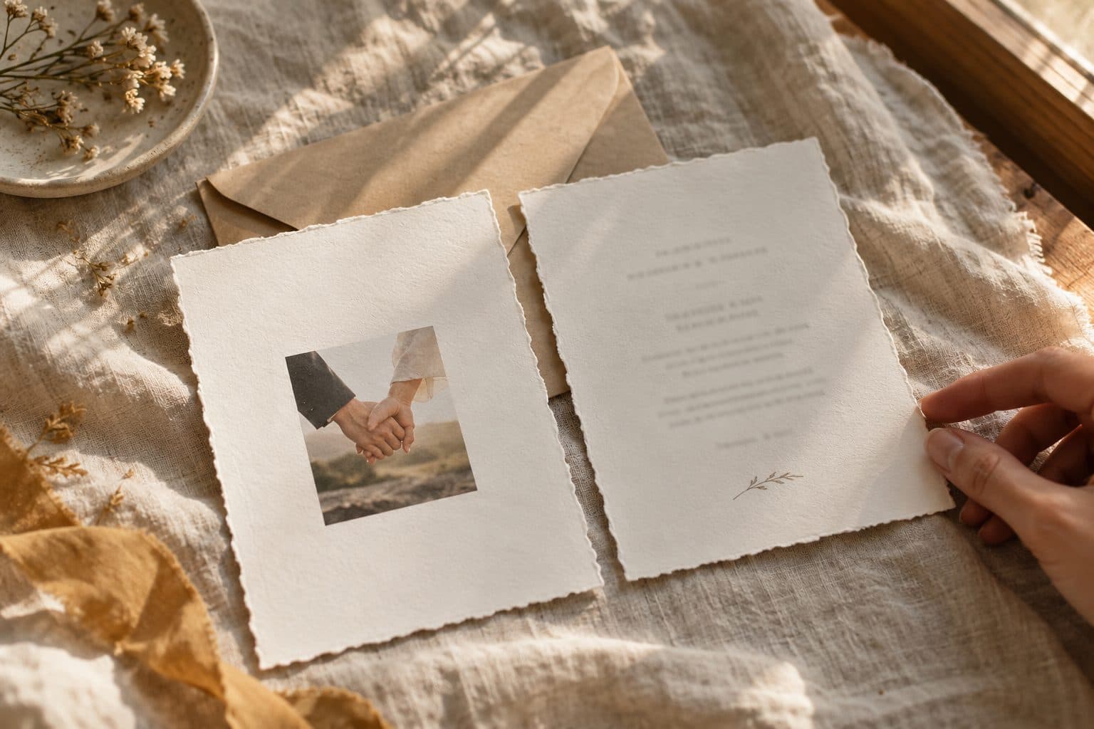 Dos invitaciones de boda con foto y sin foto, una con una fotografía pequeña de unas manos y otra solo con tipografía