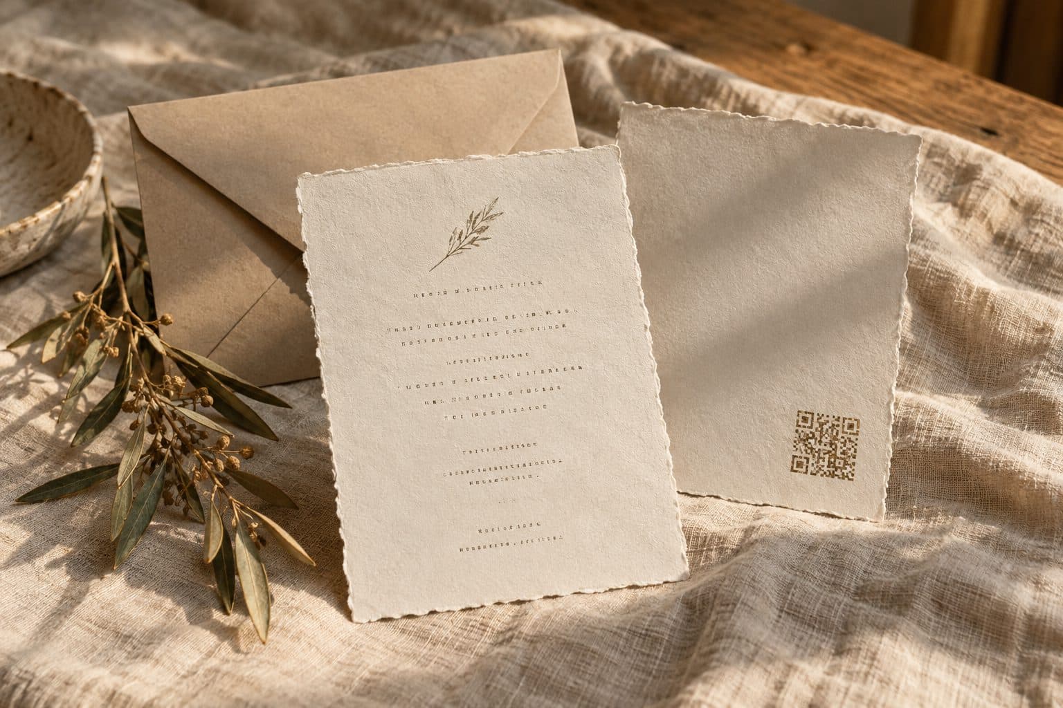 Invitación de boda original impresa a dos caras en papel de algodón, con el anverso y el reverso con QR sobre un sobre arena