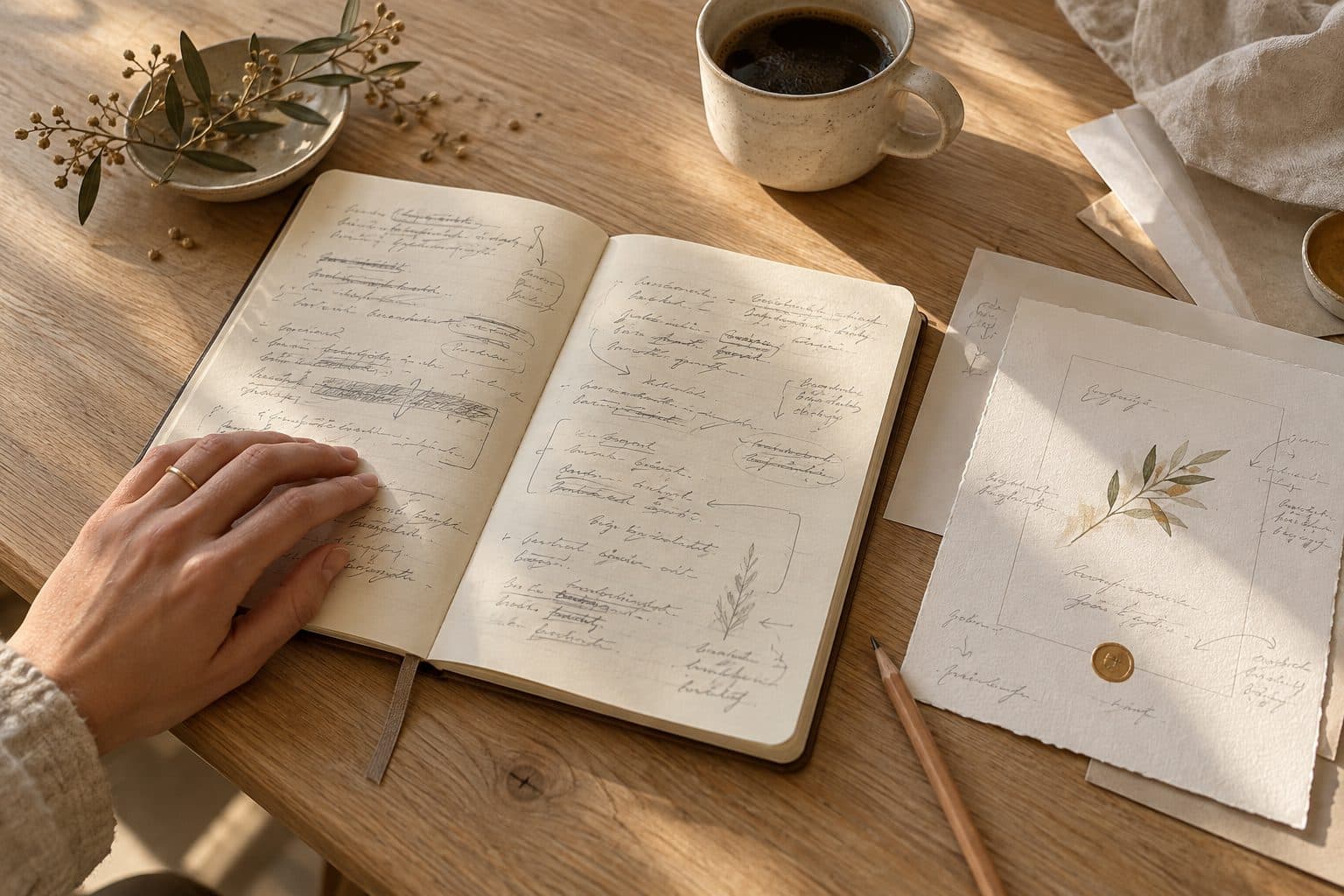 Cuaderno con borradores a mano del texto de unas invitaciones de boda personalizadas, junto a una prueba impresa, un lápiz y una taza