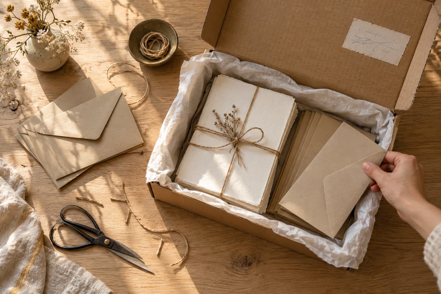 Paquete de kraft con las invitaciones de boda personalizadas atadas con cordel y sobres a juego, listo para enviar a casa