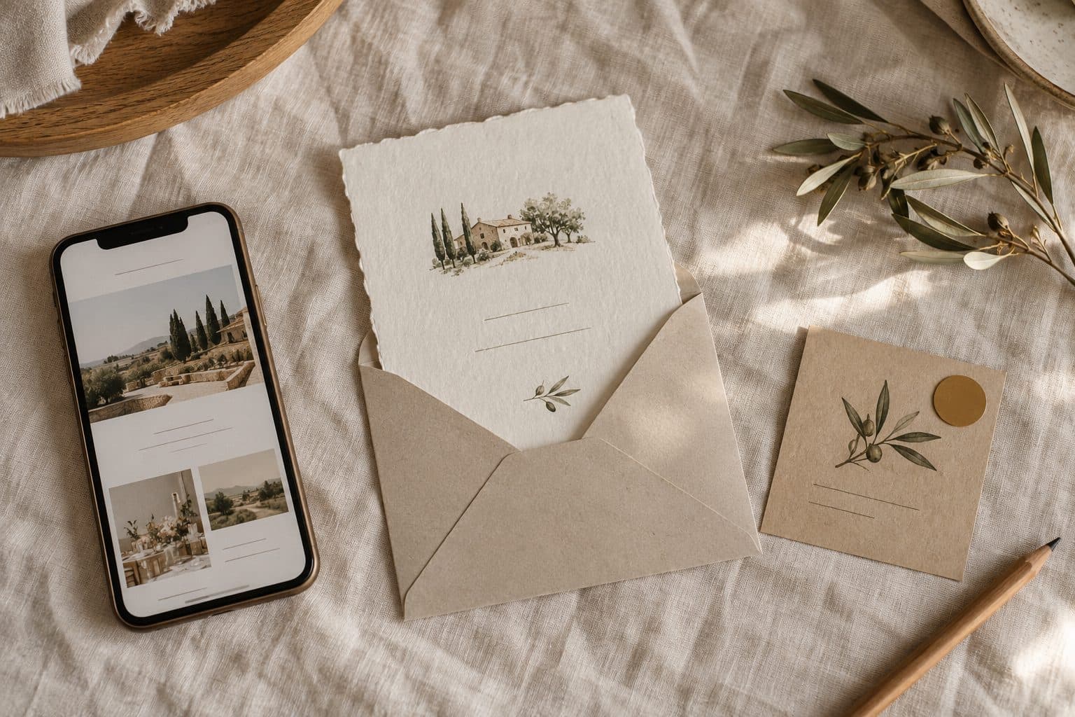 Las tres piezas de nuestras invitaciones de boda sobre lino: móvil con la web, invitación impresa con sobre y tarjeta de juego