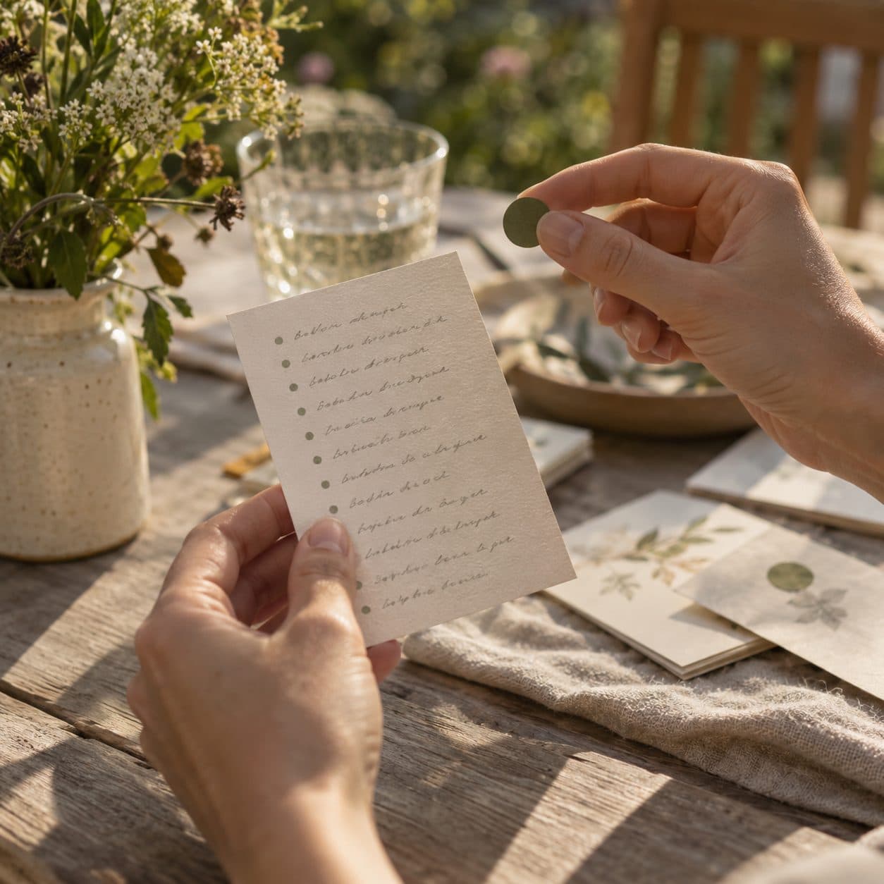 Recreación de la prueba del jefe: una tarjeta con acertijos ilegibles y una pegatina verde en la mano, sobre una mesa de jardín