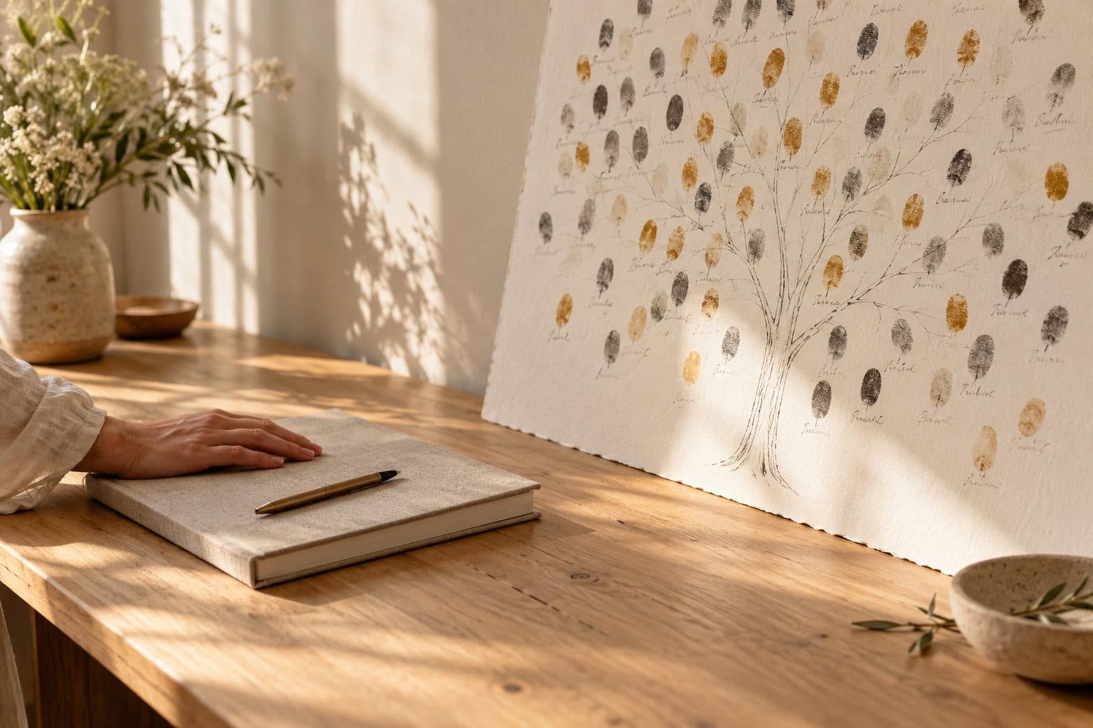 Libro de firmas cerrado sobre una mesa, sin usar, junto a un mural lleno de huellas y nombres: dos formas de guardar las firmas de los invitados