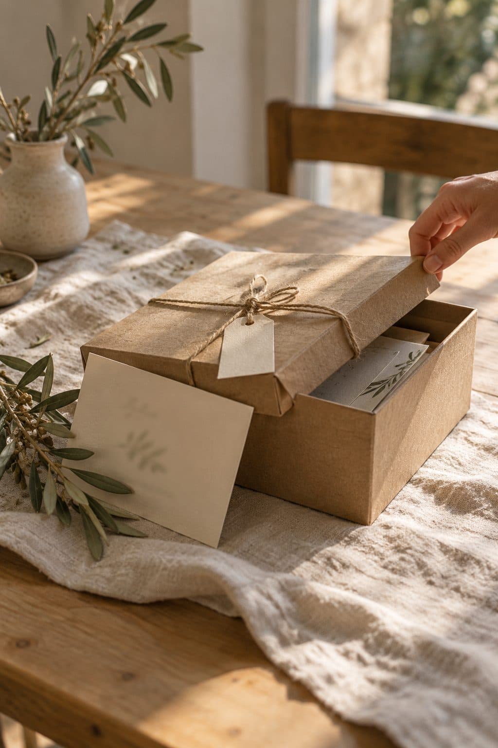 Caja kraft cerrada con cordel que contiene la mesa de prueba del kit de juegos de boda, sobre una mesa de madera junto a una tarjeta de reglas