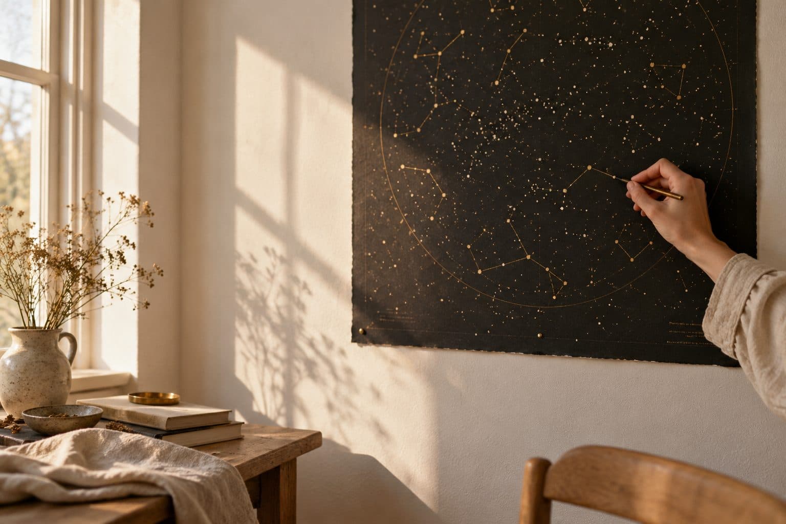Mural con un cielo de estrellas sin unir, con líneas de tinta trazadas por los invitados al cumplir misiones, colgado en una pared clara