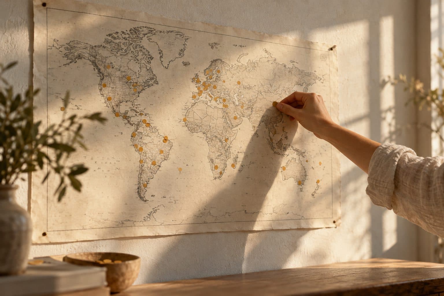 Mural con el mapa de los viajes de una pareja colgado en la pared, con pegatinas en varios países y una mano que coloca otra
