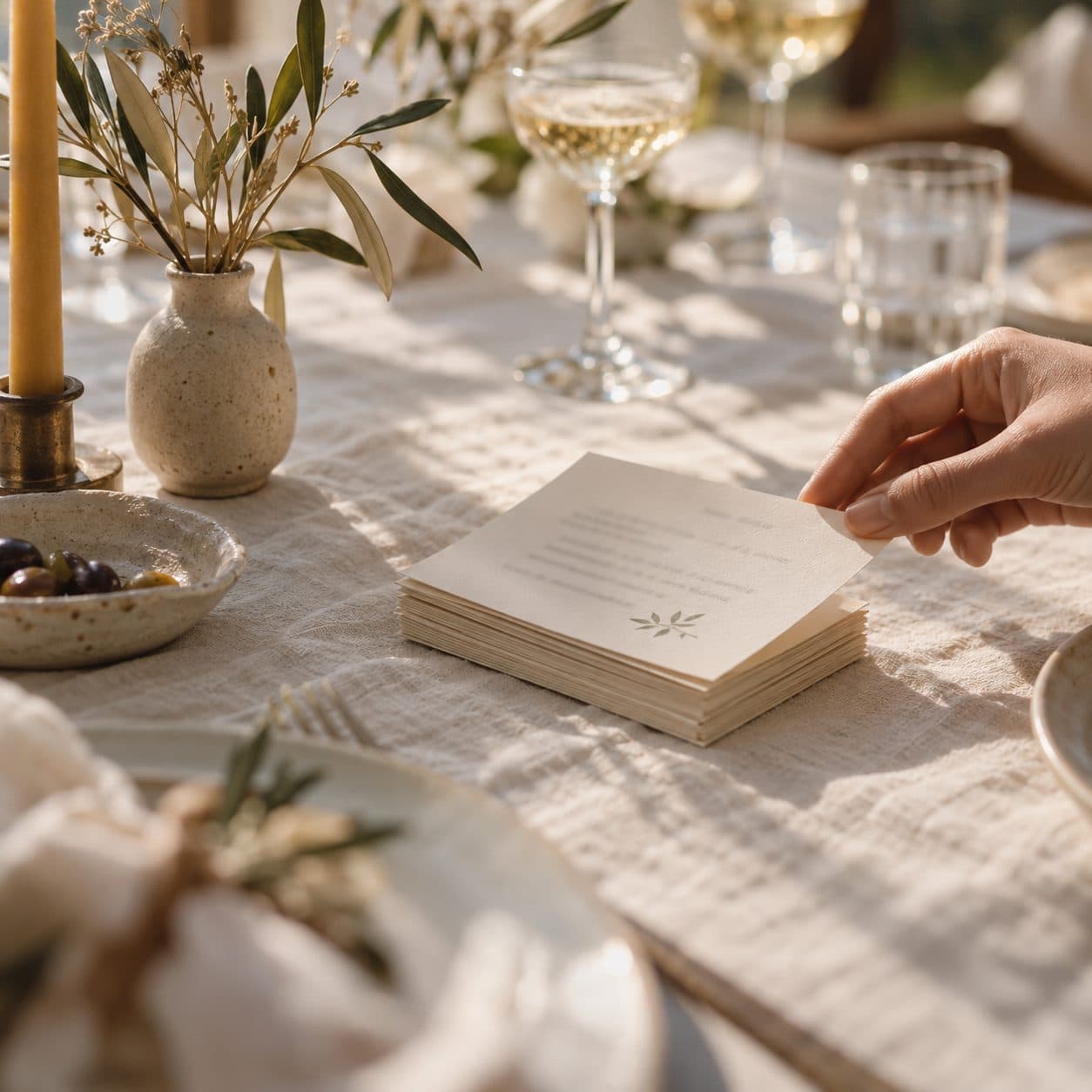 Pila de tarjetas con preguntas sobre los novios sobre un mantel de lino, con una mano que levanta la primera