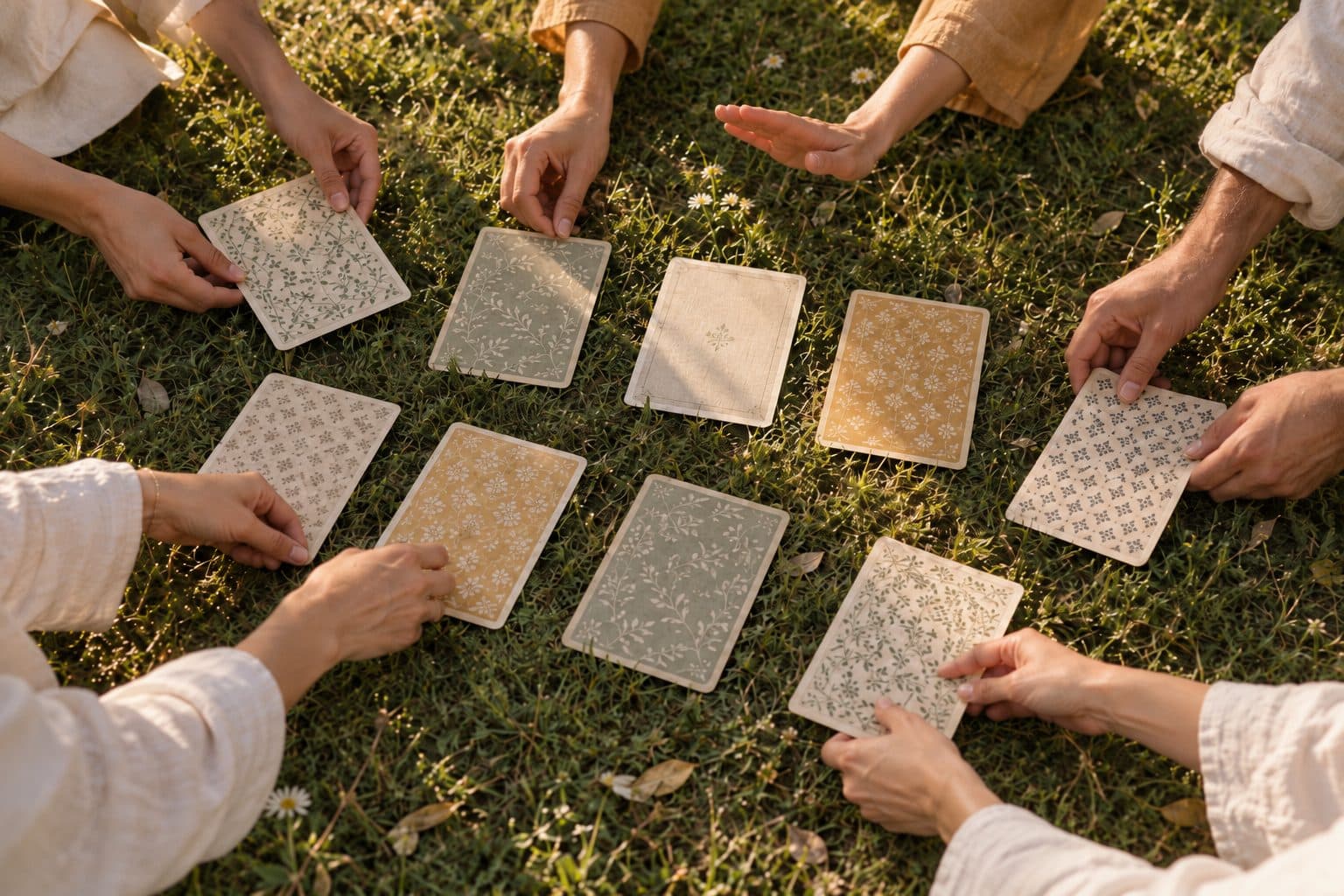 Recreación de The Mind en gigante: cartas numeradas grandes boca abajo sobre la hierba de un jardín y manos de un equipo ordenándolas