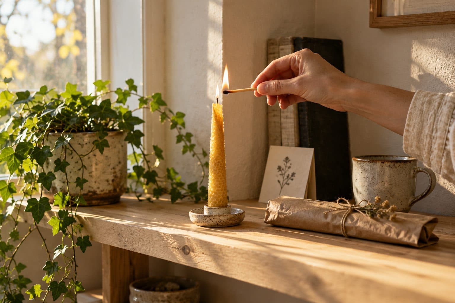 Vela de recuerdo de boda encendida en casa de un invitado, con la nota que dice cuándo encenderla