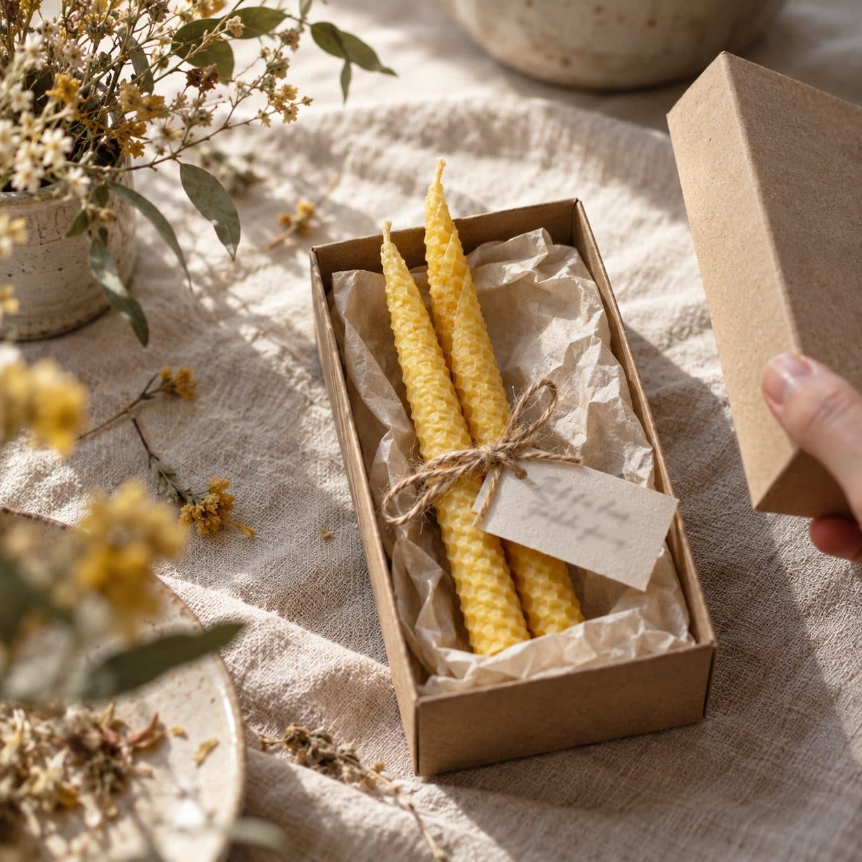 Muestra de dos velas para bodas de cera de abeja en una caja de kraft, con la tapa al lado