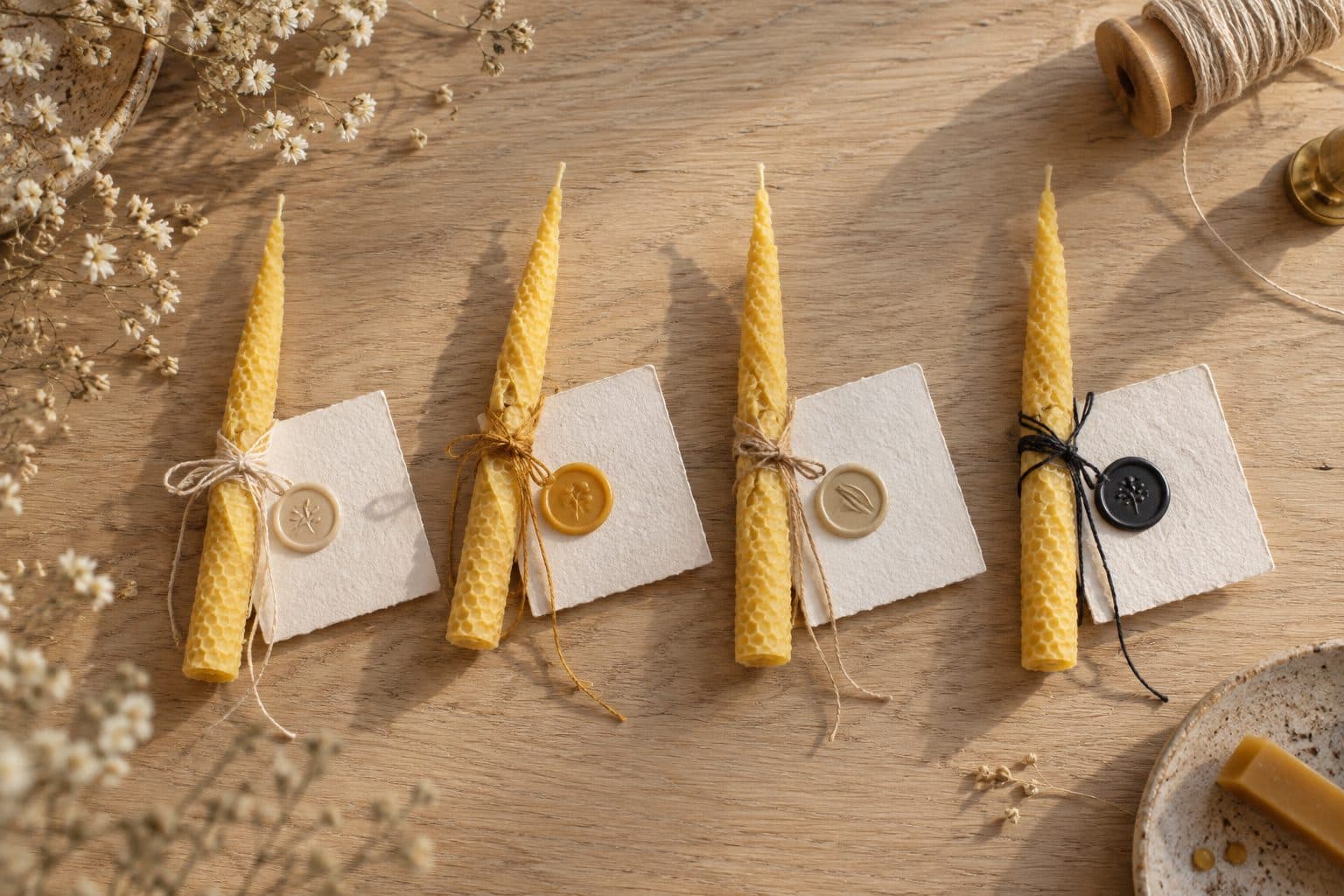 Velas personalizadas para bodas: tarjetas con hilo y lacre de cuatro colores distintos junto a sus velas cónicas