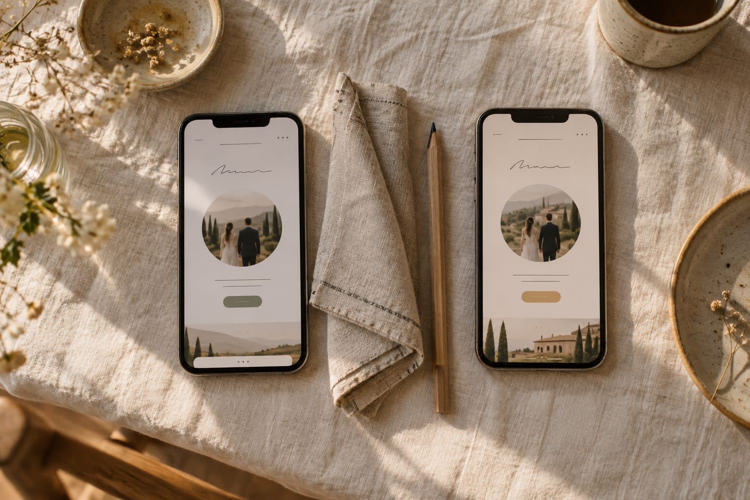 Dos móviles lado a lado con webs de boda de plantilla casi iguales, que solo cambian los nombres