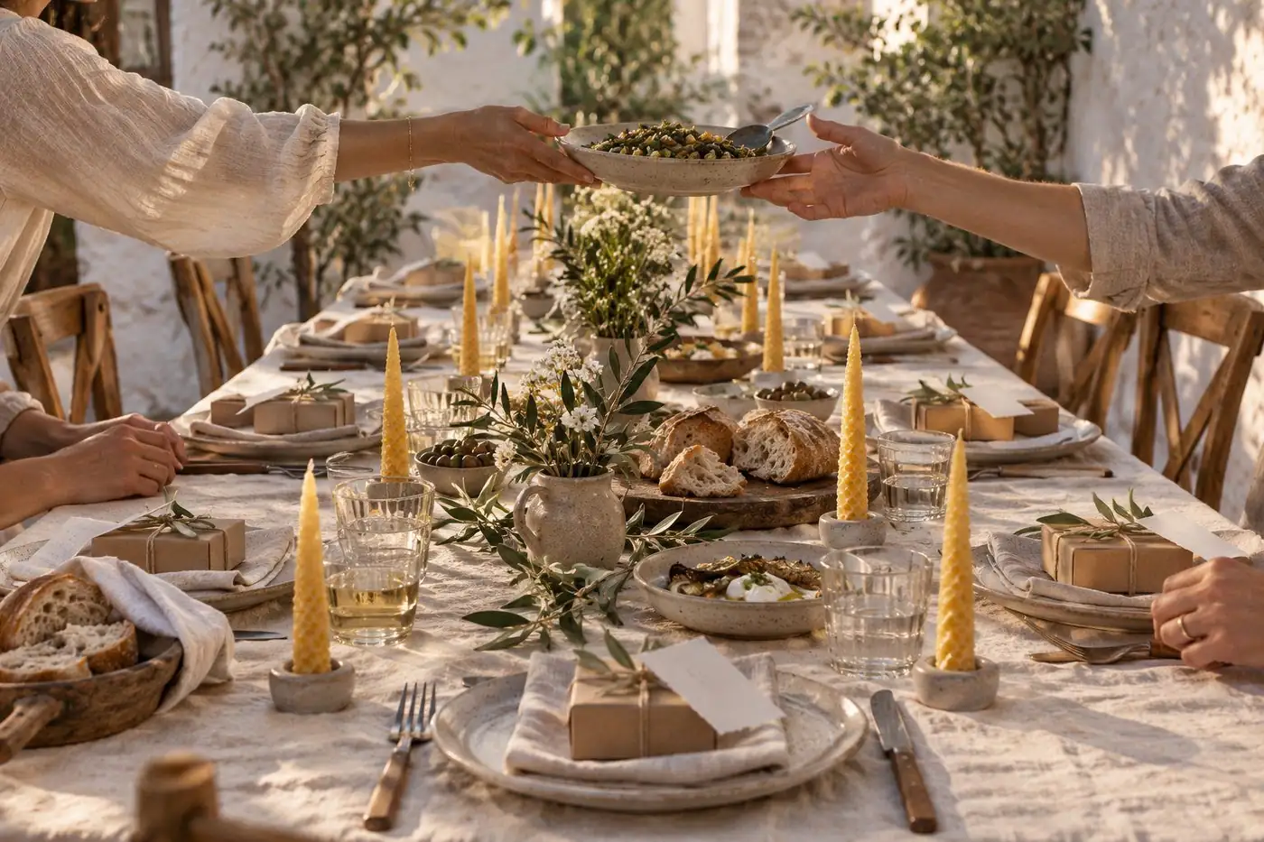 Mesa larga con velas de cera de abeja, ramas de olivo y platos para compartir