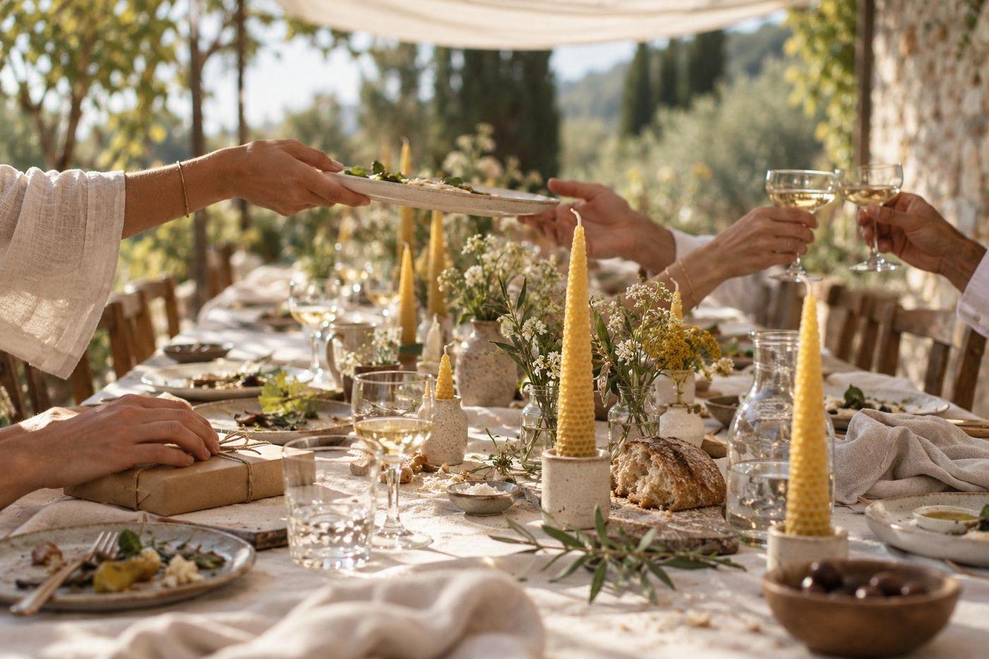 Mesa larga al aire libre con velas amarillas y manos pasándose un plato
